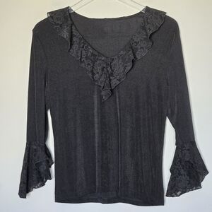 Vintage Y2K Black Slinky V-Neck Lace Trim Ruffled Flare Bell Sleeve Witchy Top M